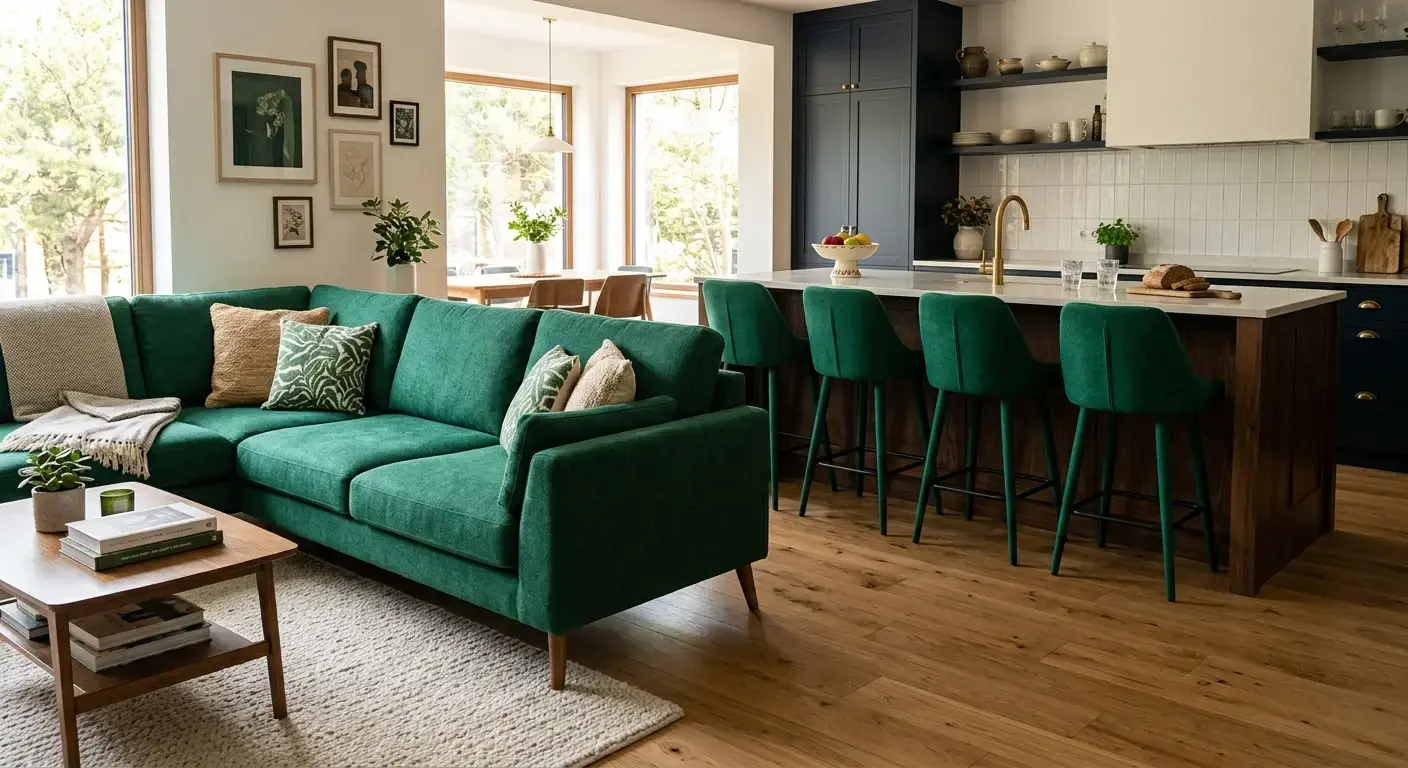 Sofa i krzesła barowe przy wyspie w tym samym kolorze tapicerki