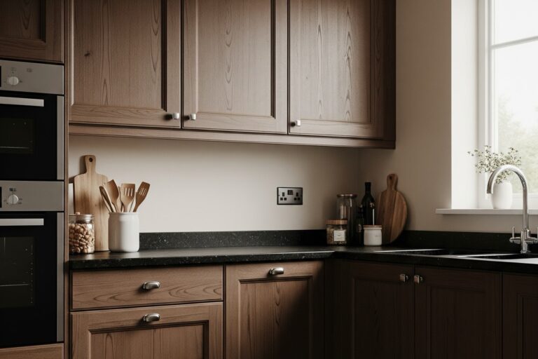 Brązowa kuchnia z czarnym blatem